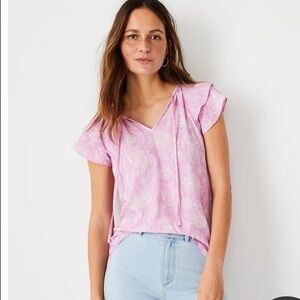 Paisley Mixed Media Tie Neck Ruffle Sleeve Top